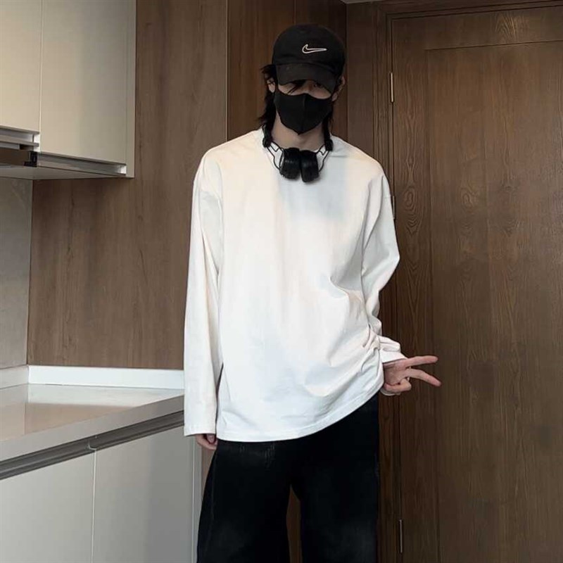 基础百搭长袖T恤男纯色宽松春秋款情侣圆领白色内搭打底衫潮