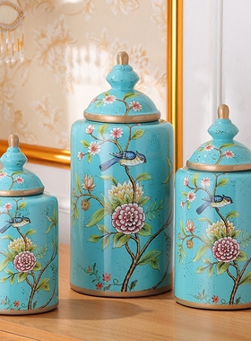 欧式宫廷圆罐美式法式乡村手绘花鸟陶瓷罐家居工艺装饰品田园摆件