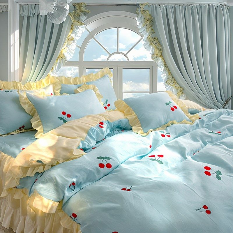 天蓝色公主风床裙4四件套少女心柔软透气助眠床品双人床单被套夏,床上用品,床品套件/四件套/多件套,淘宝优惠券,粉丝福利购,淘宝优惠卷