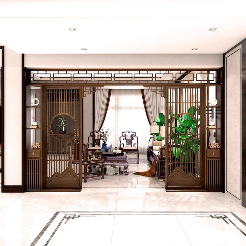 新中式实木月亮门拱门隔断客厅装饰柜入户玄关镂空月洞博古架酒柜