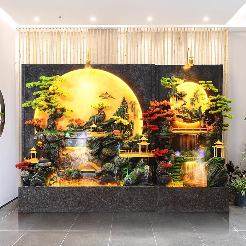 现代中式流水墙喷泉盆景摆件客厅办公室景观水幕墙屏风循环水造景