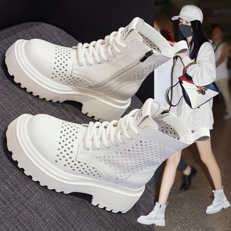 白色厚底马丁靴女夏季薄款2025新款爆款透气镂空小个子内增高短靴