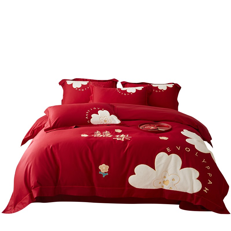 高档中式结婚四件套大红色新婚被套纯棉婚庆床上用品婚房陪嫁喜被