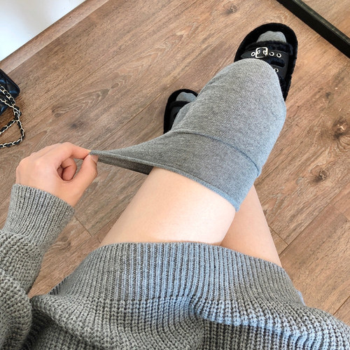 烟灰色过膝袜f女春秋薄款黑色大腿袜拼接高筒袜东大门米白色长筒