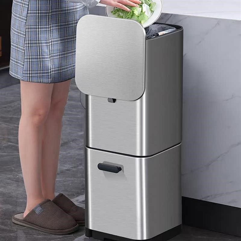 厨房垃圾桶家用双层大号容量免弯腰卫生专用分类桶不锈钢带盖高桶