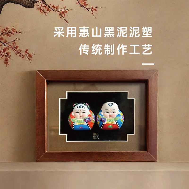 无锡惠山泥人小相框《抱狮阿福》泥塑摆件手工品家居书房装饰送礼