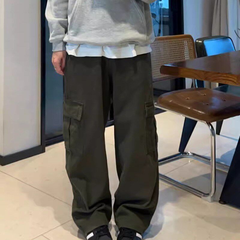 小张几军绿色牛仔工装裤多口袋美式宽松直筒做旧半松紧腰阔腿裤男
