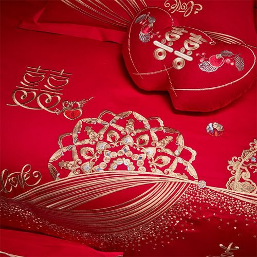 中式婚庆床上全棉四件套简约红色刺绣喜被套新婚床单纯棉结婚床品