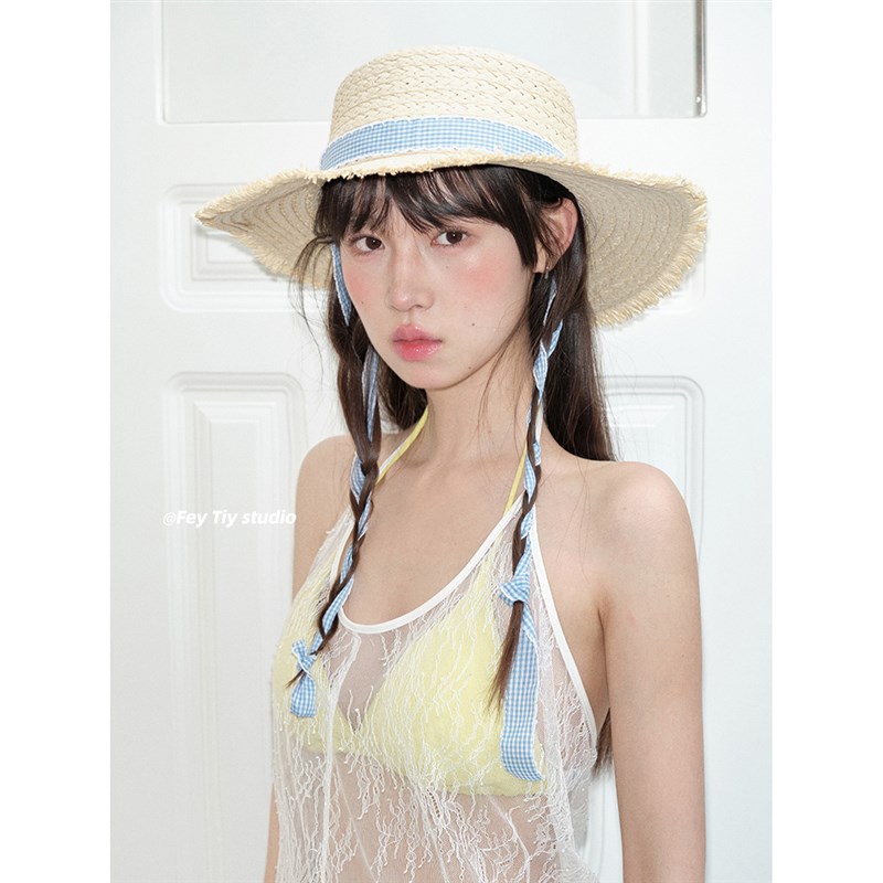 feytiy 夏日系带草编帽海边遮阳防晒法式出游度假时髦大檐草帽女