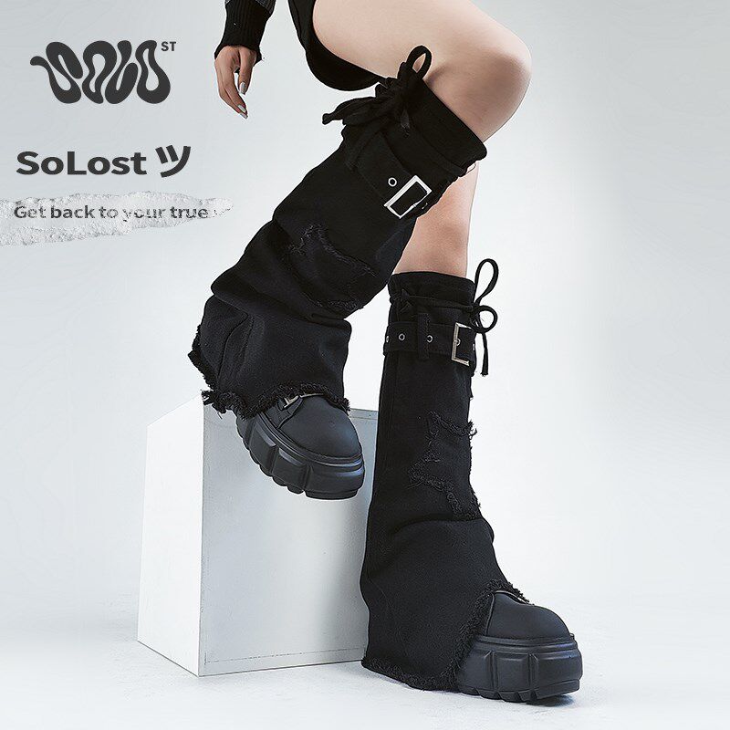 Solost y2k辣妹黑色t牛仔亚文化腿套显瘦裤管套设计感靴套喇叭袜