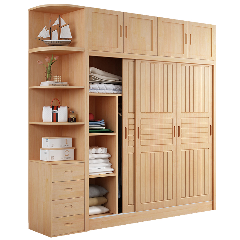 全实木大衣柜家用卧室小房间推拉门原木儿童衣橱松木组装定制柜子