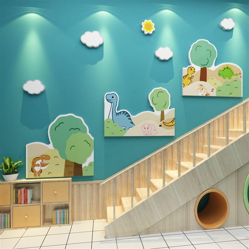 幼儿园恐b龙环创主题文化背景墙面装饰成品走廊环境布置材料踢脚