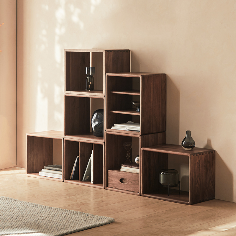 格子书柜自由组合方格黑胡桃实木书房客厅书架落地隔断收纳储物柜