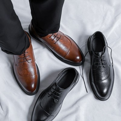 棕色皮鞋男士商务正装春季年轻人英伦休闲软底内增高结婚鞋子男款
