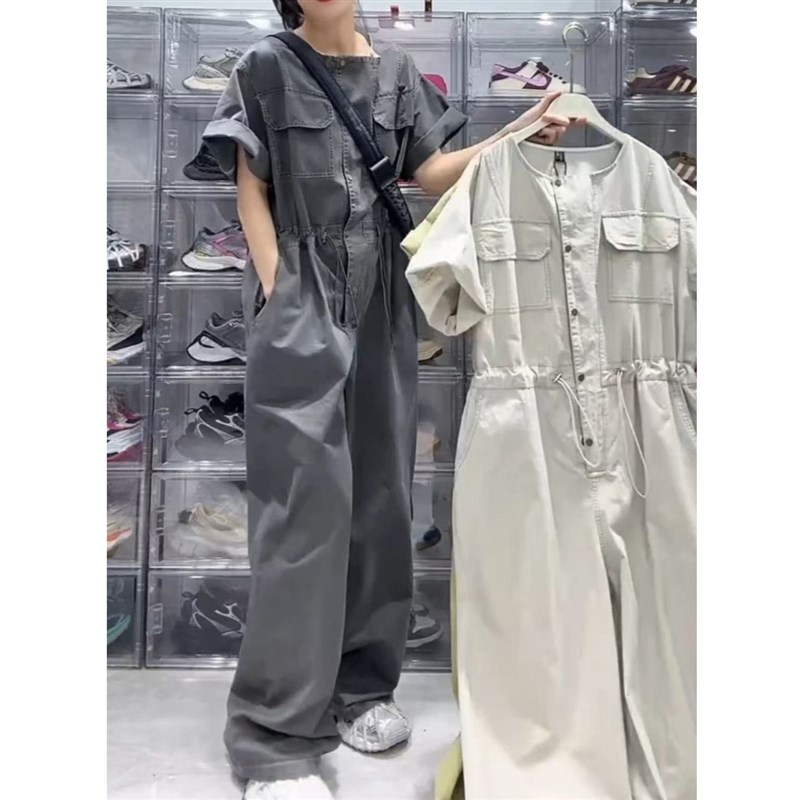 2025春夏季新款透气工装连体裤减龄宽L松显瘦抽绳收腰阔腿裤女