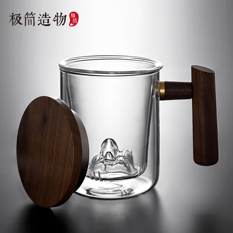 远山玻璃泡茶杯带过滤茶水分离水杯木盖把手花茶杯子办公室绿茶杯