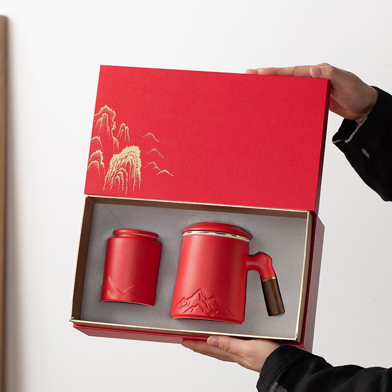 商务礼品木e柄泡茶杯陶瓷马克杯带盖粗陶杯子刻字情侣水杯定制log