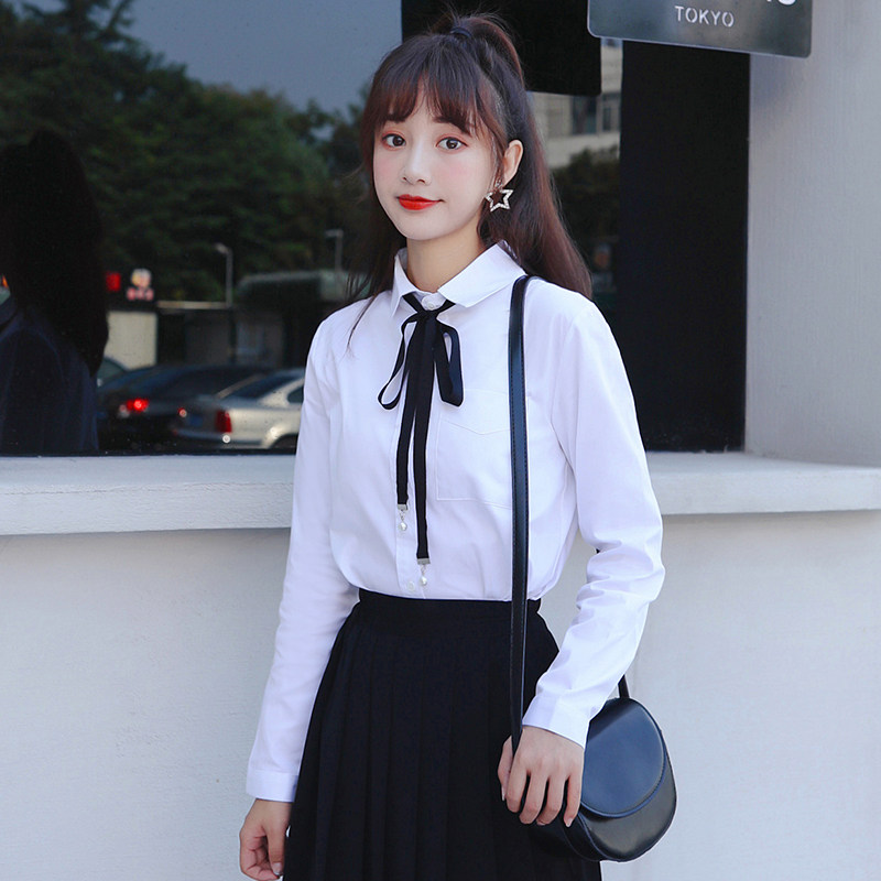 棉质衬衣女蝴蝶结宽松系带韩v版学生学院风工作职业长袖正装白衬