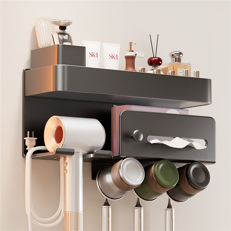 牙刷置物架壁挂式免打孔化妆室多功E能吹风机一体不锈钢漱口杯挂