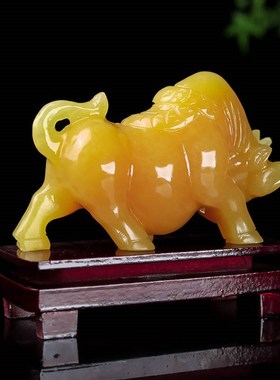天然黄玉牛摆件米黄玉金钱牛牛气冲天招财牛装饰店铺开业礼物