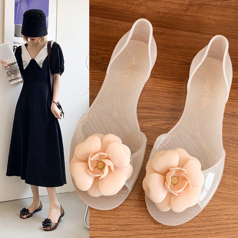 花朵凉鞋果冻鞋女夏平底学生鱼嘴女鞋水晶透明外穿U韩版塑料沙滩