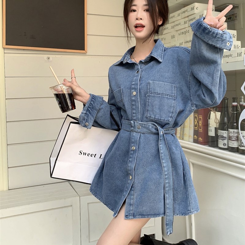 小个子炸街牛仔衬衫小众设计感春秋新款中长衬衣R 宽松版型通勤风
