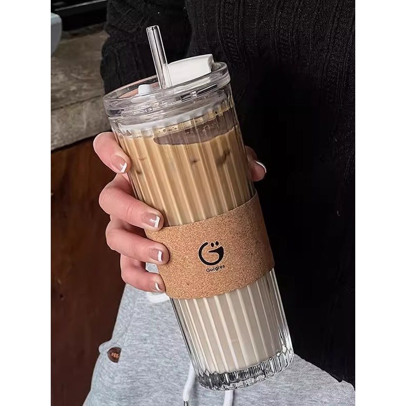 ins风玻璃杯大容量高款竖纹圆柱带盖吸管杯咖啡T杯子简约透明通透