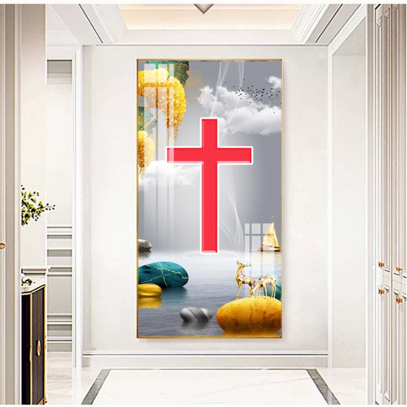 十字架玄关挂画晶瓷画装饰画客厅铝合金框大幅画金属框晶瓷画