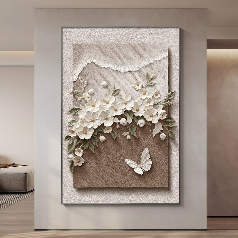 侘寂风客厅装饰画浮雕立体高级感沙发背景墙壁画抽象花卉玄关挂画图片