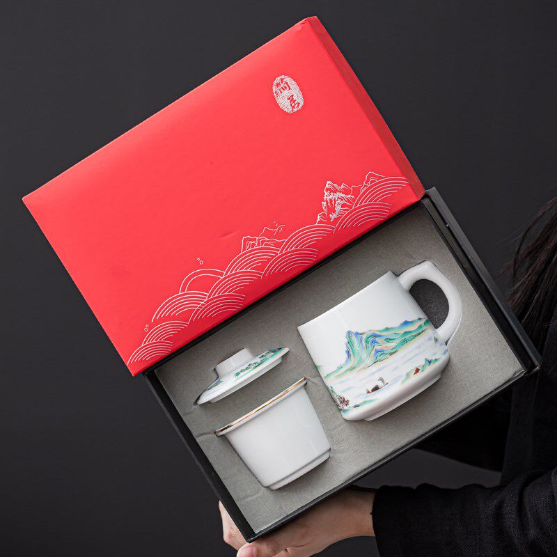 白瓷带盖办公泡茶杯羊脂玉瓷马克杯家用陶瓷水杯喝水杯茶水分离杯