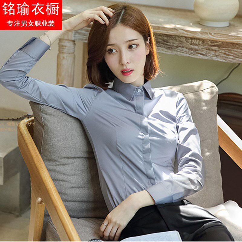高档灰色衬衫女长袖韩版气质显瘦职业工作服大P学生面试正装打底