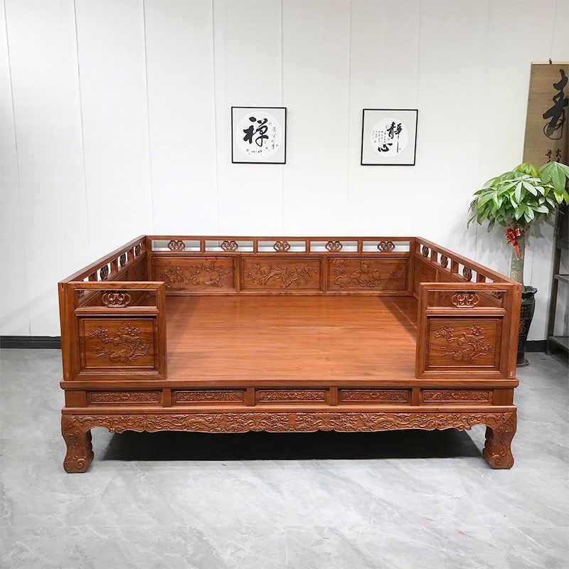 实木罗汉床三围炕床仿q古典老式罗汉塌榻米双人榆木加粗无顶架子