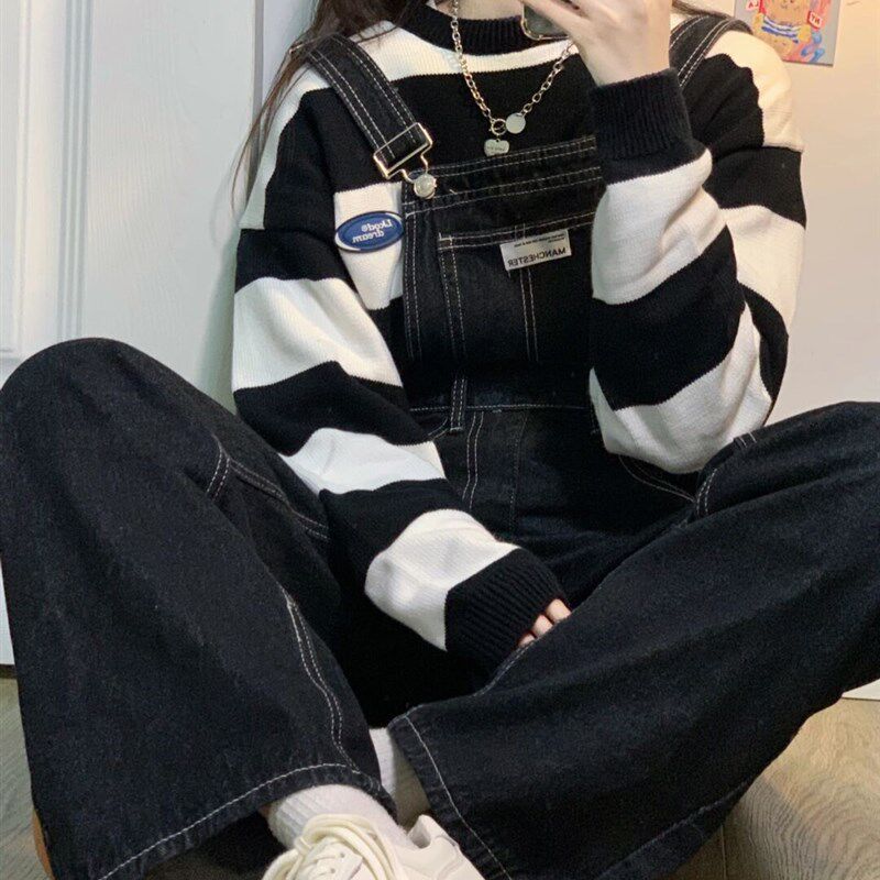 日系小个子可爱黑色牛仔背带裤女2025春秋新款设计感宽松阔腿裤