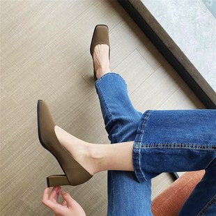 子2024年新款 女鞋 春季 通勤上班鞋 韩版 高跟工作鞋 百搭方头粗跟单鞋