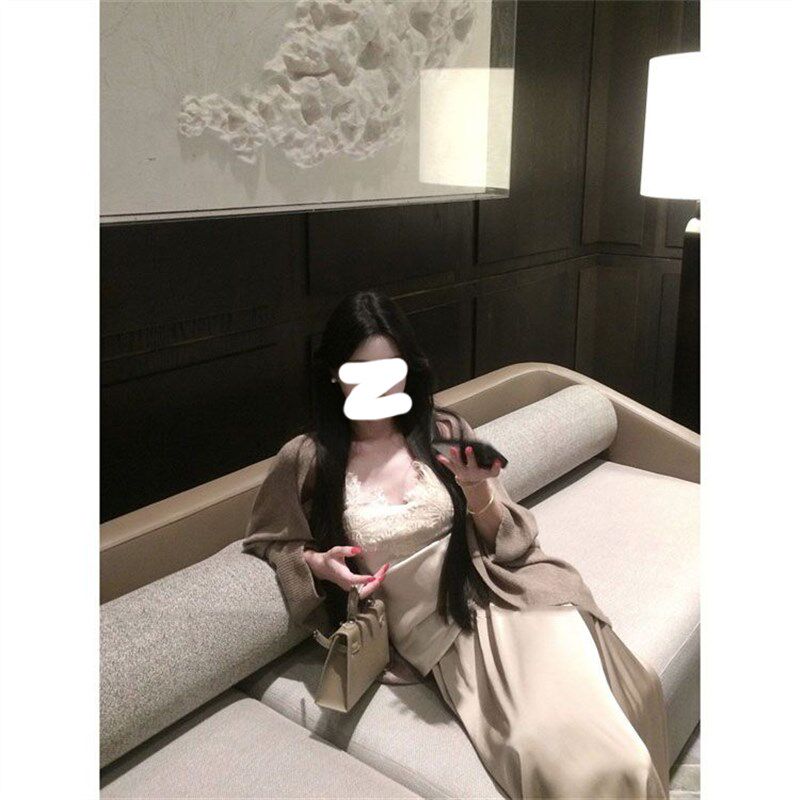 秋季新款时髦纯欲甜辣气质三件套女大码慵懒开衫蕾V丝抹胸半裙套