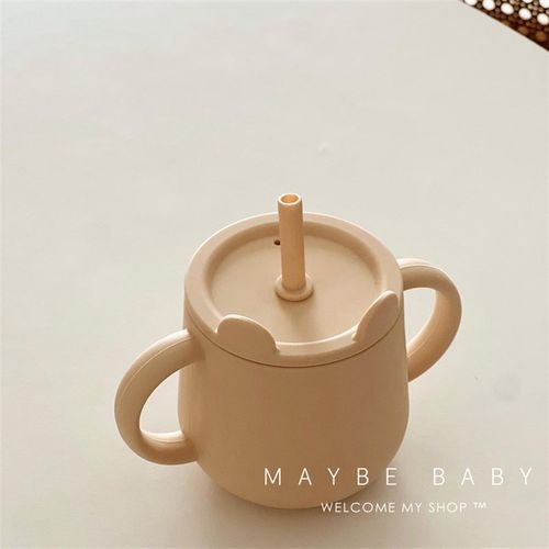 韩国ins宝宝水杯儿童手柄吸管杯刻度防摔防滑耐高温矽胶学饮杯