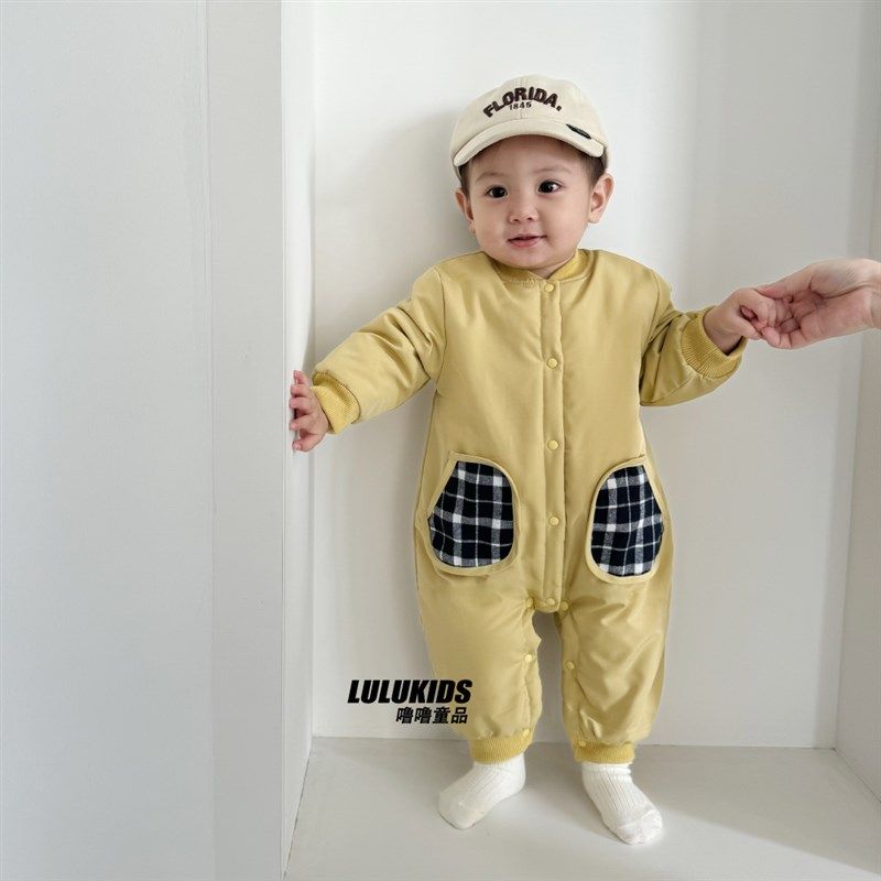 婴儿冬季哈衣爬服加厚棉服潮ins韩国中开冬款宝宝外出保暖连体衣