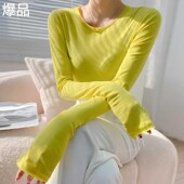 上20x春款 时尚 衣24新款 糖果色t恤女圆领长袖 小衫 彩色洋气打底