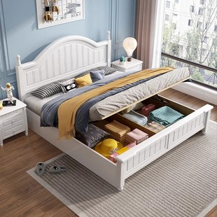 美式白色实木床1.8米1.5米1.2米双人单人现代简约经济型储物大床