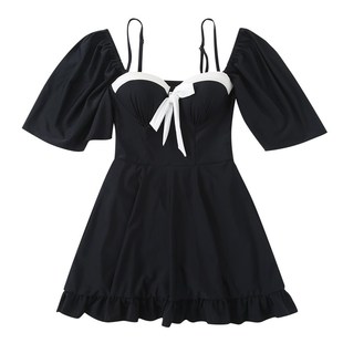 胖mm遮肚显瘦度假泳装 纯欲风黑色泳衣女裙式 连体钢托大胸聚拢大码