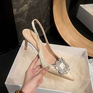 凉鞋 2024夏秋新款 女细跟后空方扣水钻包头韩版 绸缎跟鞋 尖头法式