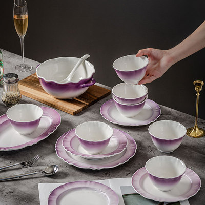 釉下彩碗盘套装家用m陶瓷餐具碗碟特别好看的饭碗2025紫色高颜值