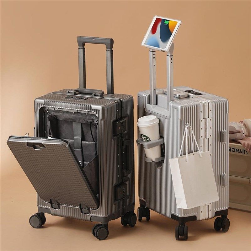 灰色多功能前开口拉杆行李箱20铝框24大容量26登机22上翻盖掀式28