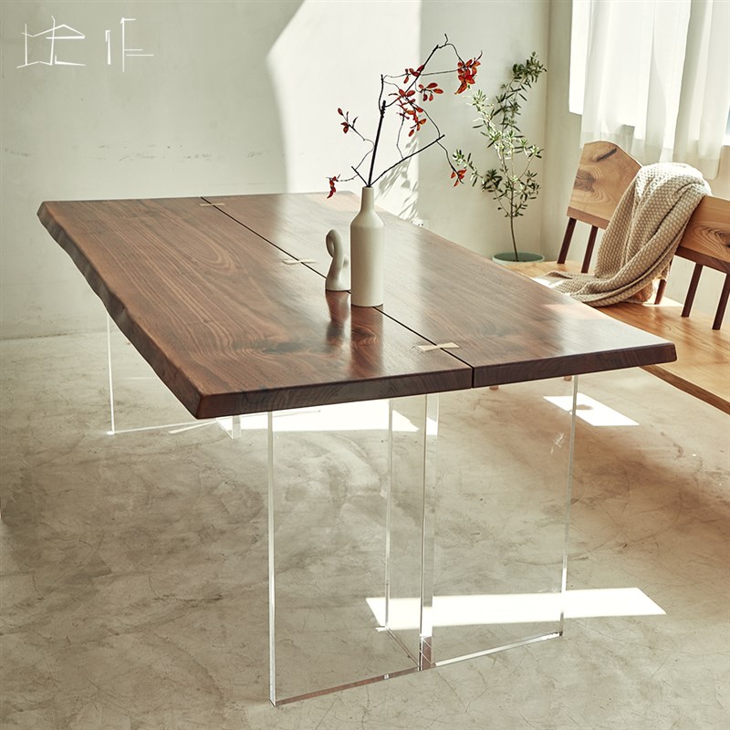 黑胡桃大板实木餐桌原木办公x桌茶桌会议桌客厅桌家用亚克力悬浮