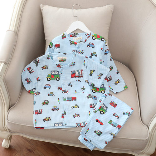 春夏薄款儿童睡衣男童夏空调服纯棉纱布长袖短袖长裤三件套家居服