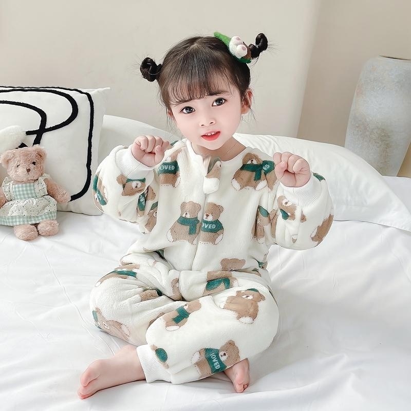 女童睡衣法兰绒秋冬季宝宝防着凉男童婴幼儿连体衣珊瑚绒儿童睡袋
