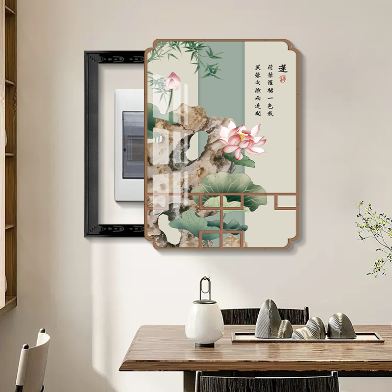 新中式花鸟牡丹电表箱装饰画竖版国风挂画配电箱总阀开关遮挡盒
