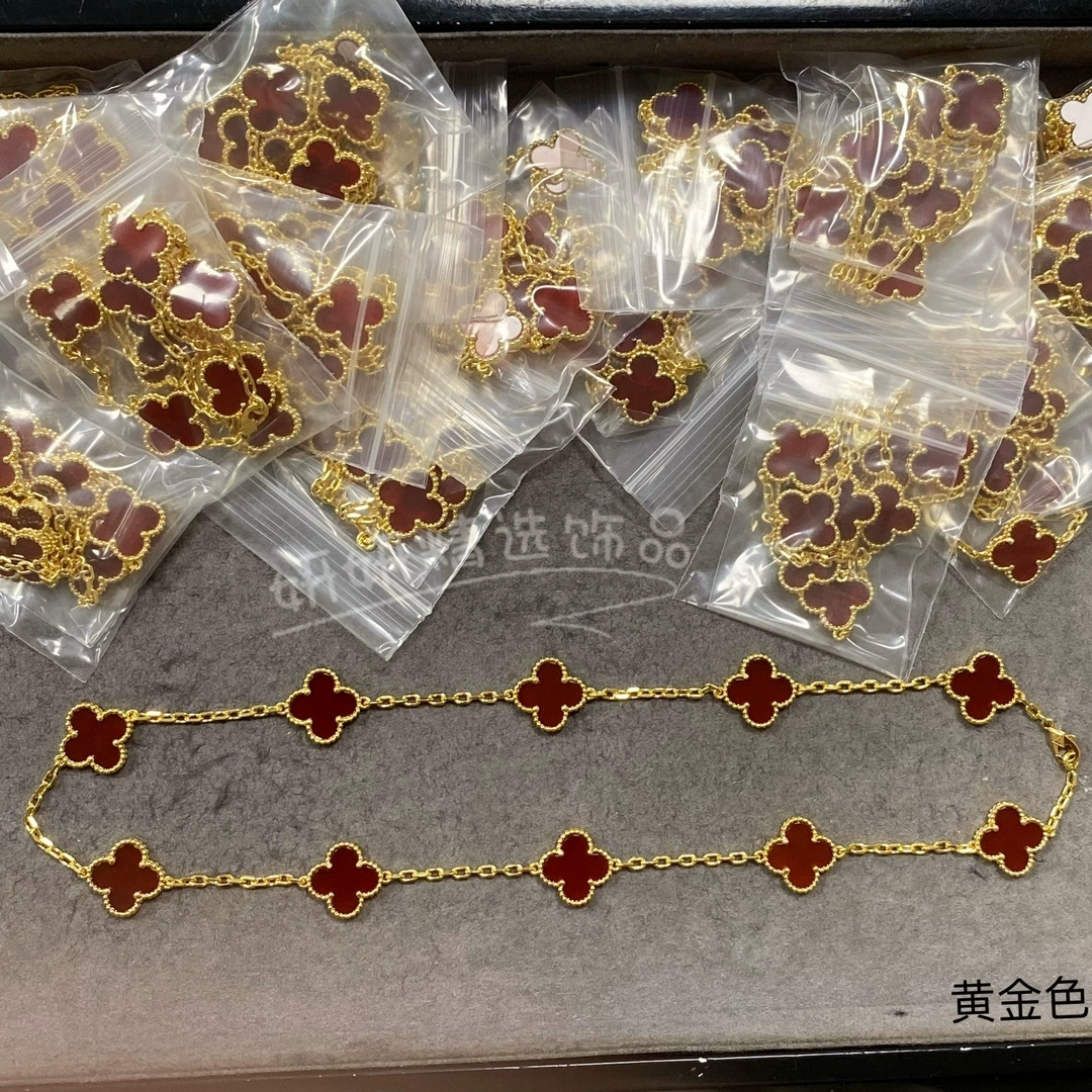 十花项链首饰女款四叶草镀18k黄玫瑰金白贝紫蓝玛瑙灰贝间钻镭射