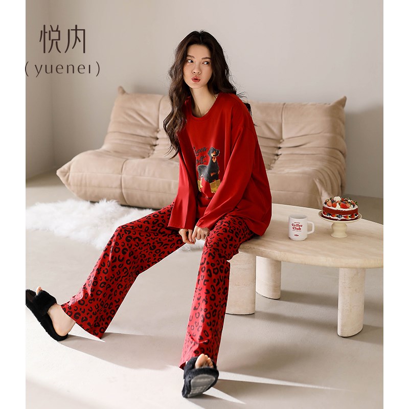 悦内睡衣女春秋款秋季长袖家居服休闲可外穿出门大红色本命年