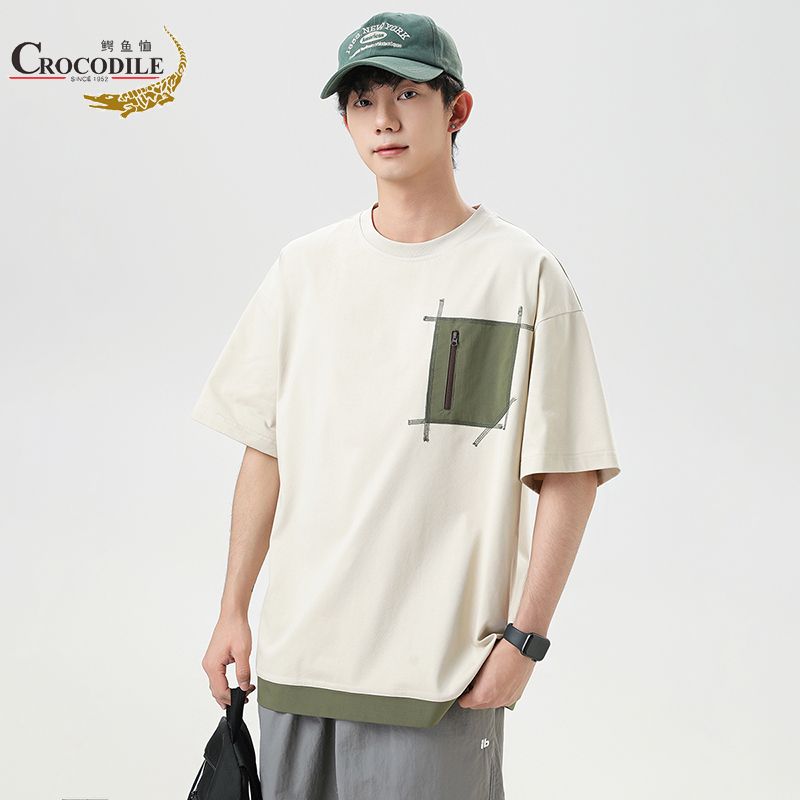 Crocodile/鳄鱼恤夏季拼色口袋T恤男宽松情侣休闲上衣